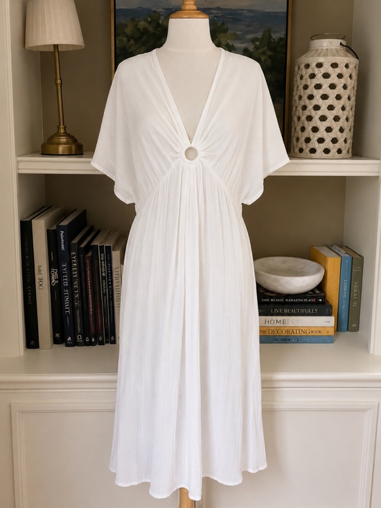 Mynah Other - White V-Neck Ring Cover-up Midi Dress XS